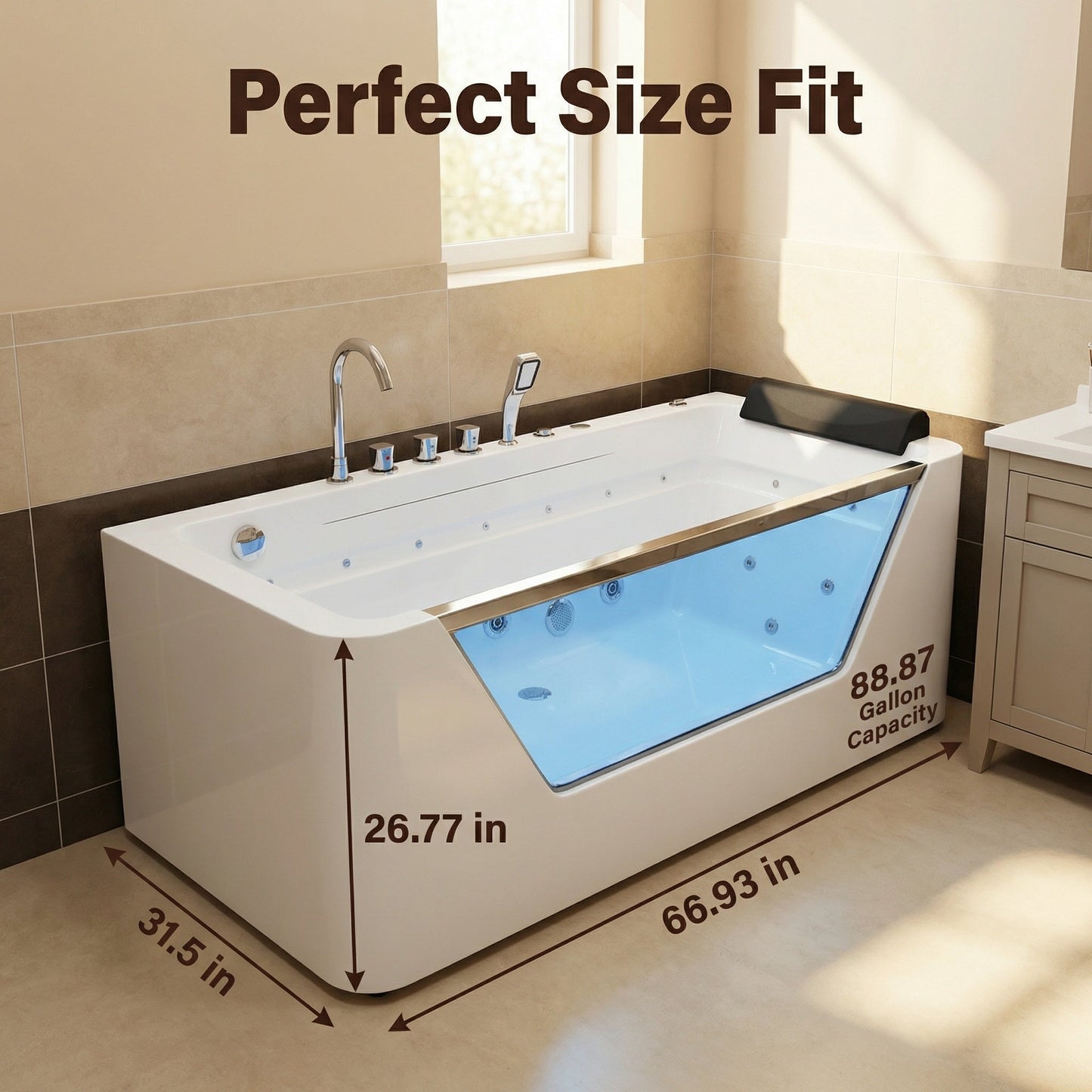 67" Whirlpool Bathtub with Hydrotherapy Jets and Glass Panel