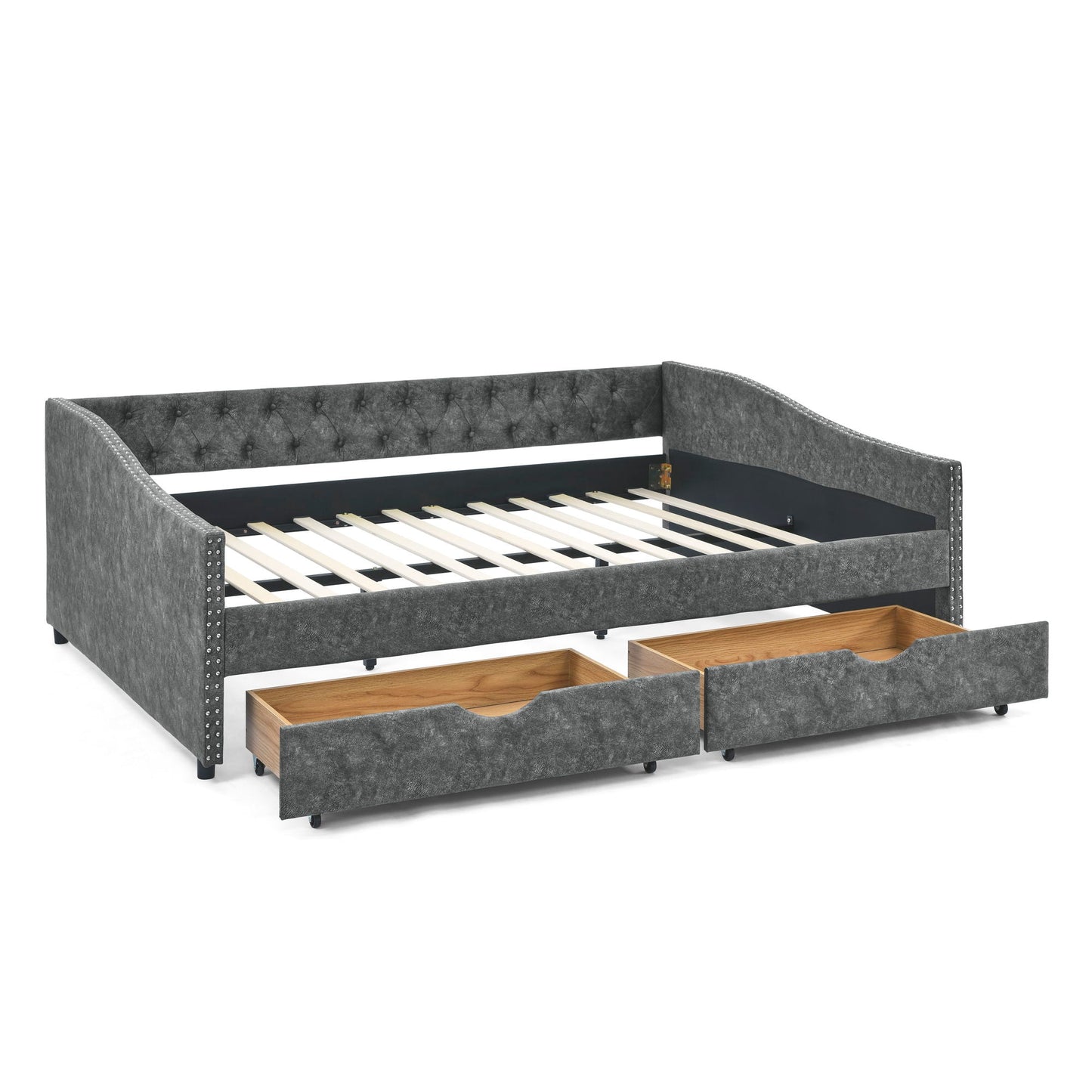 Upholstered Tufted Daybed With Drawers, Waved Arms