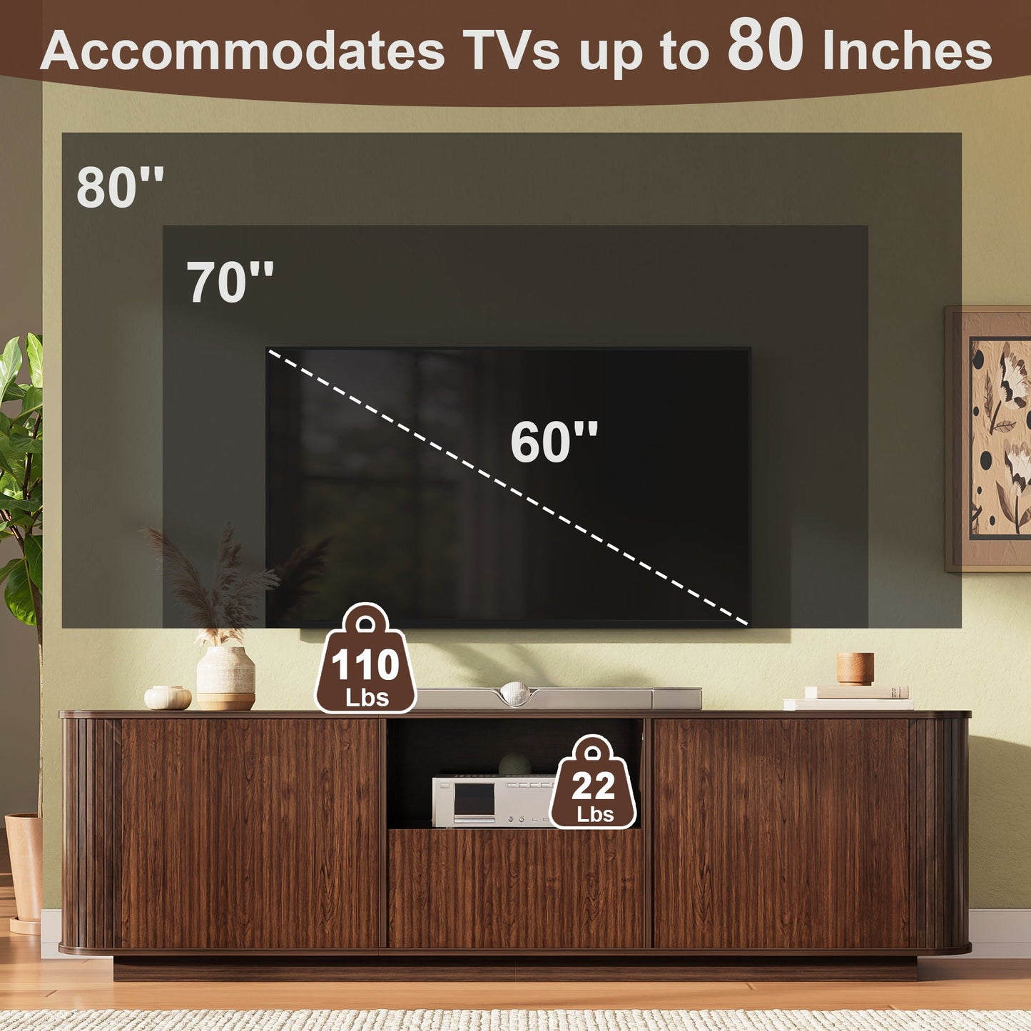 70" TV Stand With Ample Storage, Curved Corners - Dark Brown