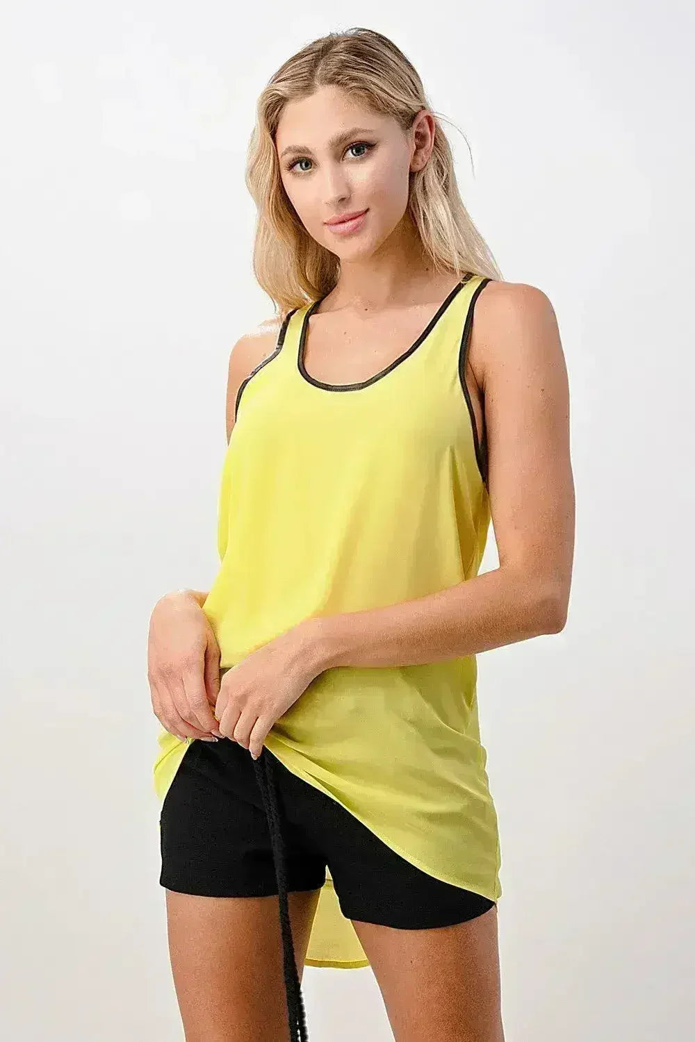 Vegan Leather Trim Tank Top - Scoop Neck Cami in Pink & Yellow | Femstylo