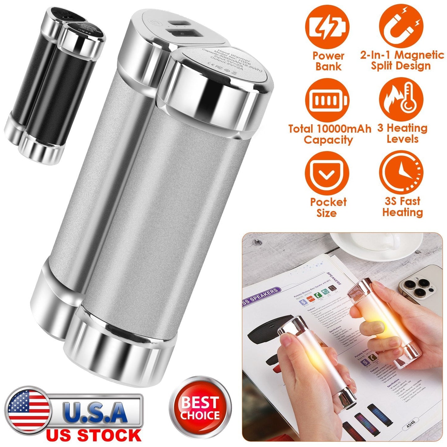 2 Packs 10000mAh Split-Magnetic Handwarmers 2 in 1 Portable Electric Pocket Heater Power Bank Portable Charger with 3 Heating Levels  for Camping Hunt