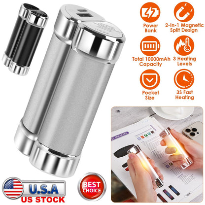 2 Packs 10000mAh Split-Magnetic Handwarmers 2 in 1 Portable Electric Pocket Heater Power Bank Portable Charger with 3 Heating Levels  for Camping Hunt