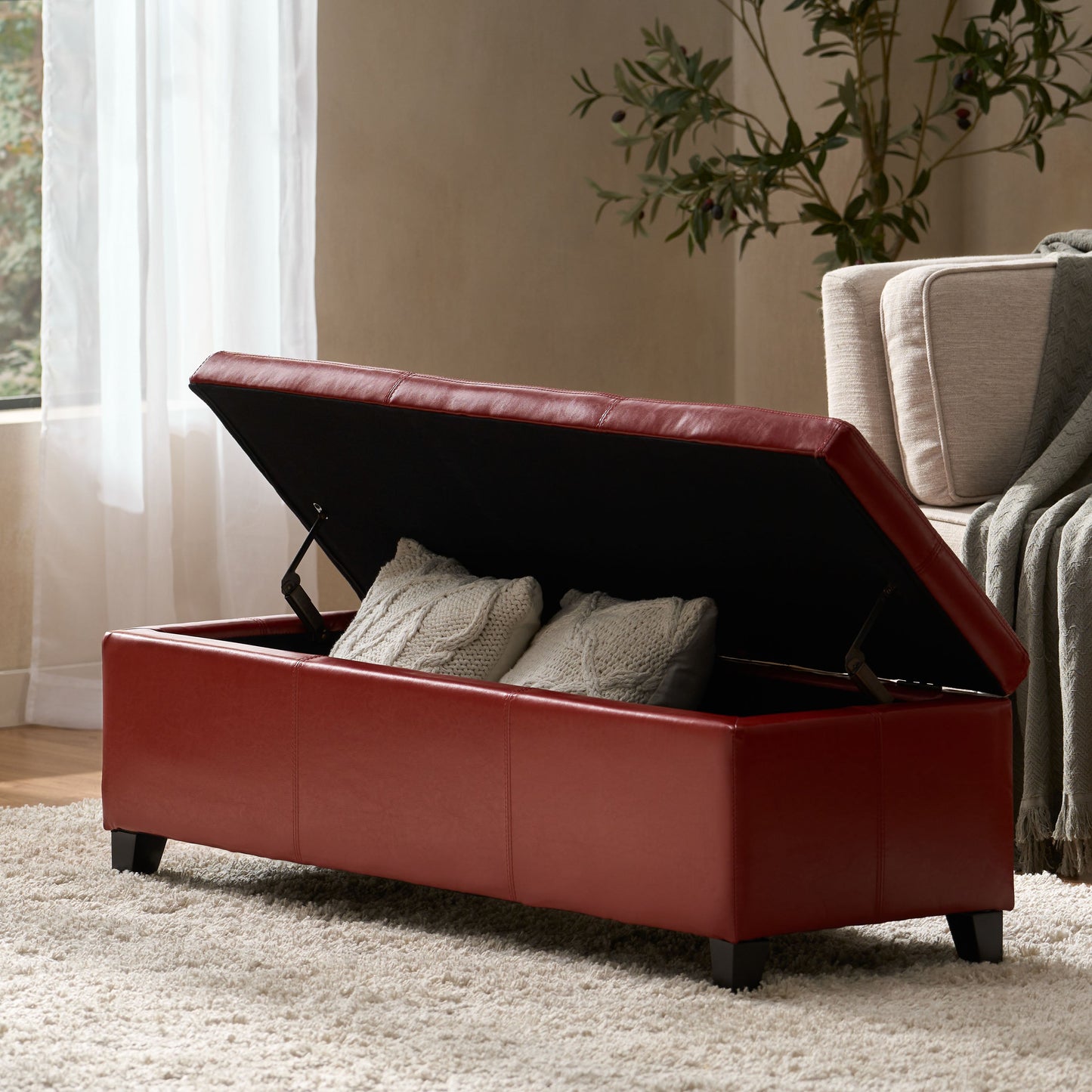 Upholstered PU Leather Storage Ottoman, Solid Wooden Legs
