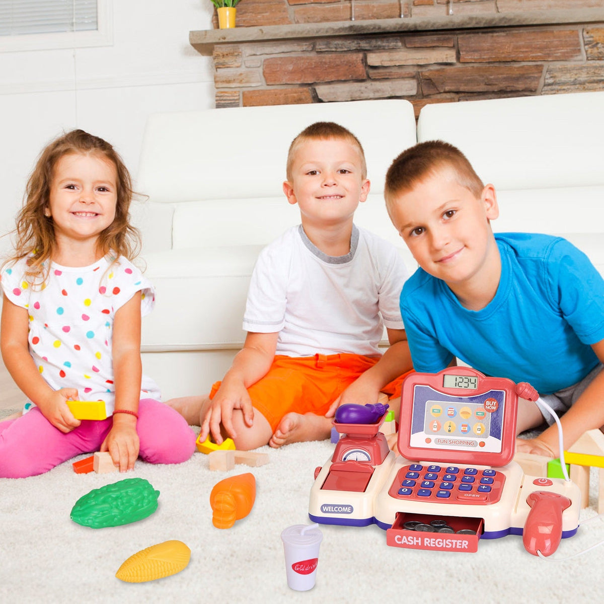 Kids Cash Register Pretend Play Cashier Toy with Scanner Calculator Credit Card Money Grocery Products Educational Toy Gift for Kids Aged 3 4 5 6 Year
