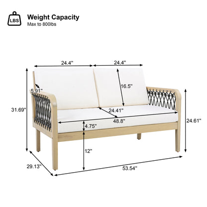 Outdoor Acacia Wood Loveseat & Coffee Table Set with Handwoven Rope, Light Teak