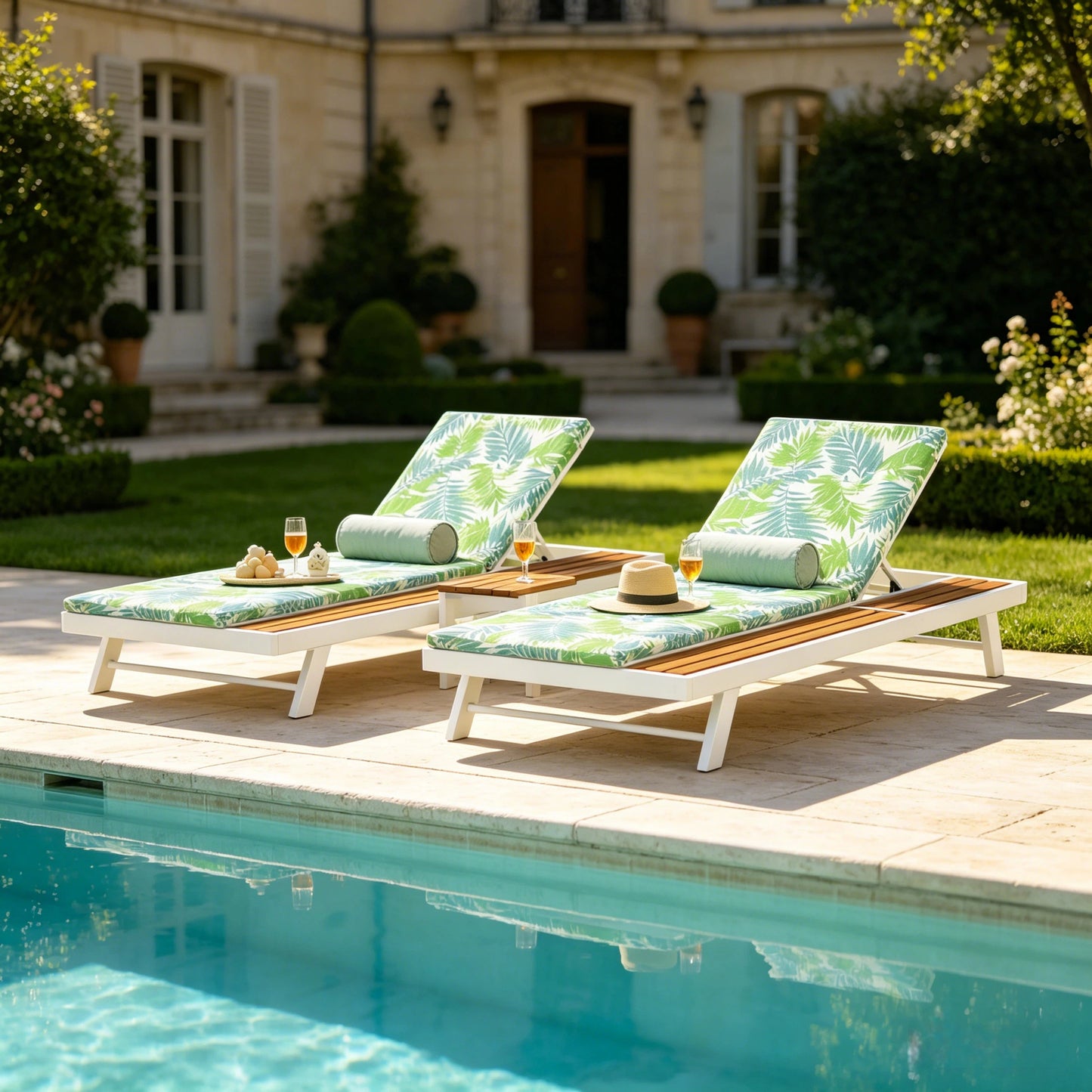 White Iron and Teak Finish Outdoor Chaise Lounge Set