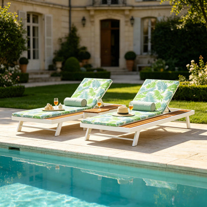 White Iron and Teak Finish Outdoor Chaise Lounge Set