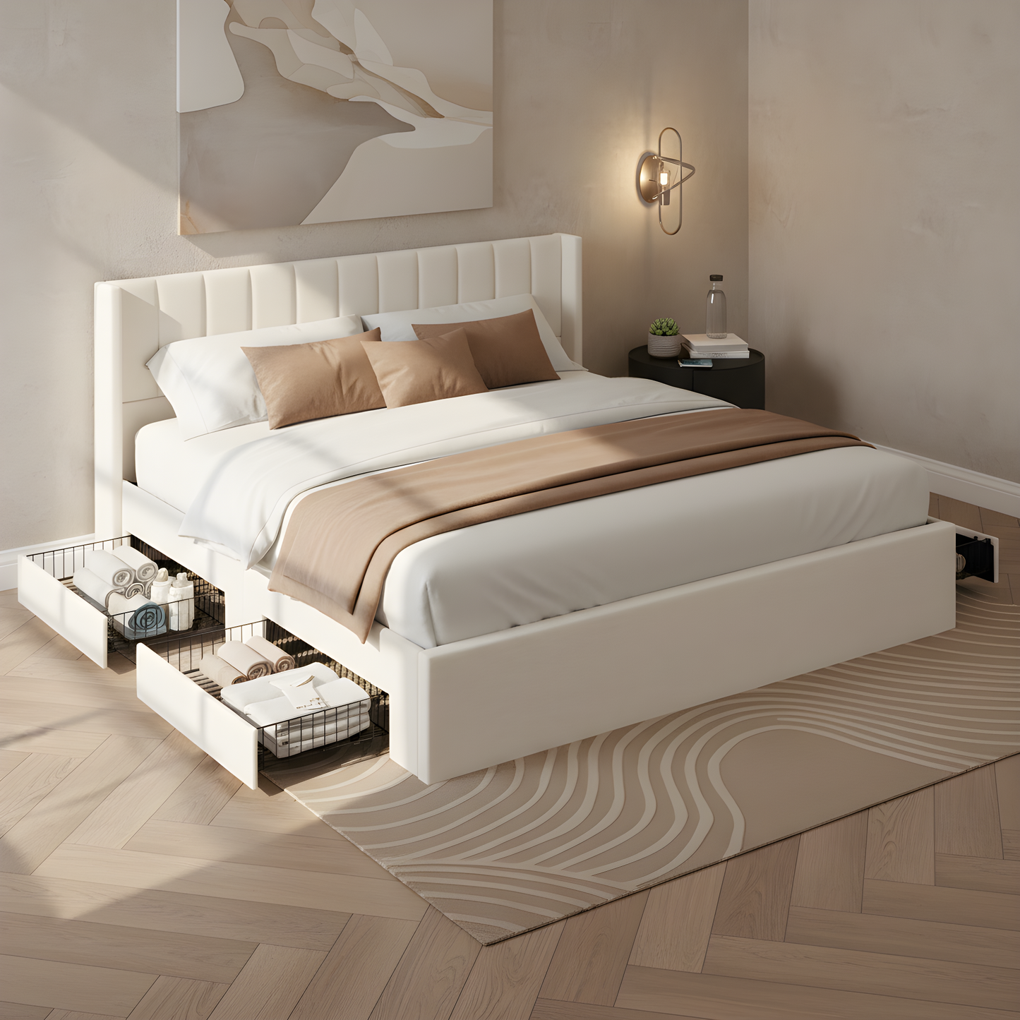 Large-Capacity Upholstered Storage Bed with Drawers
