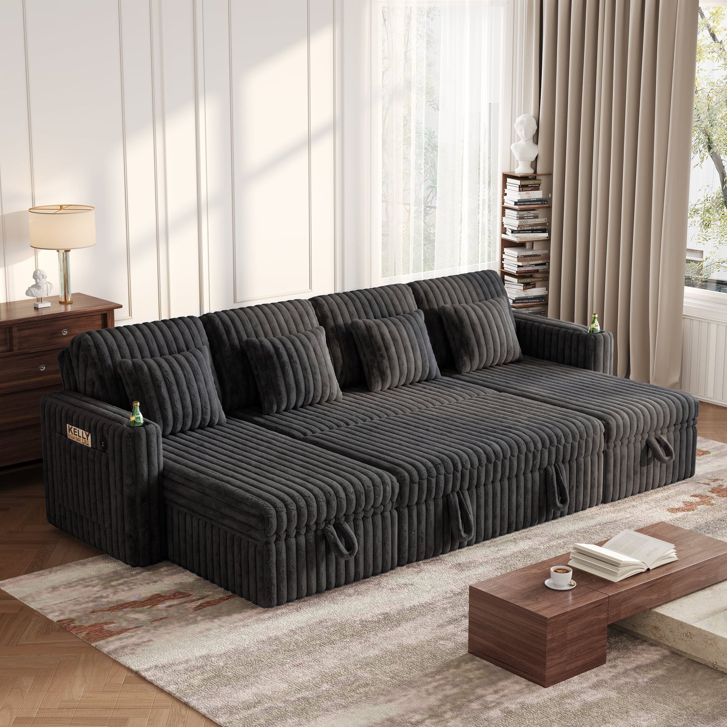 U Shaped Plush Corduroy Fluffy Sectional Sleeper Sofa