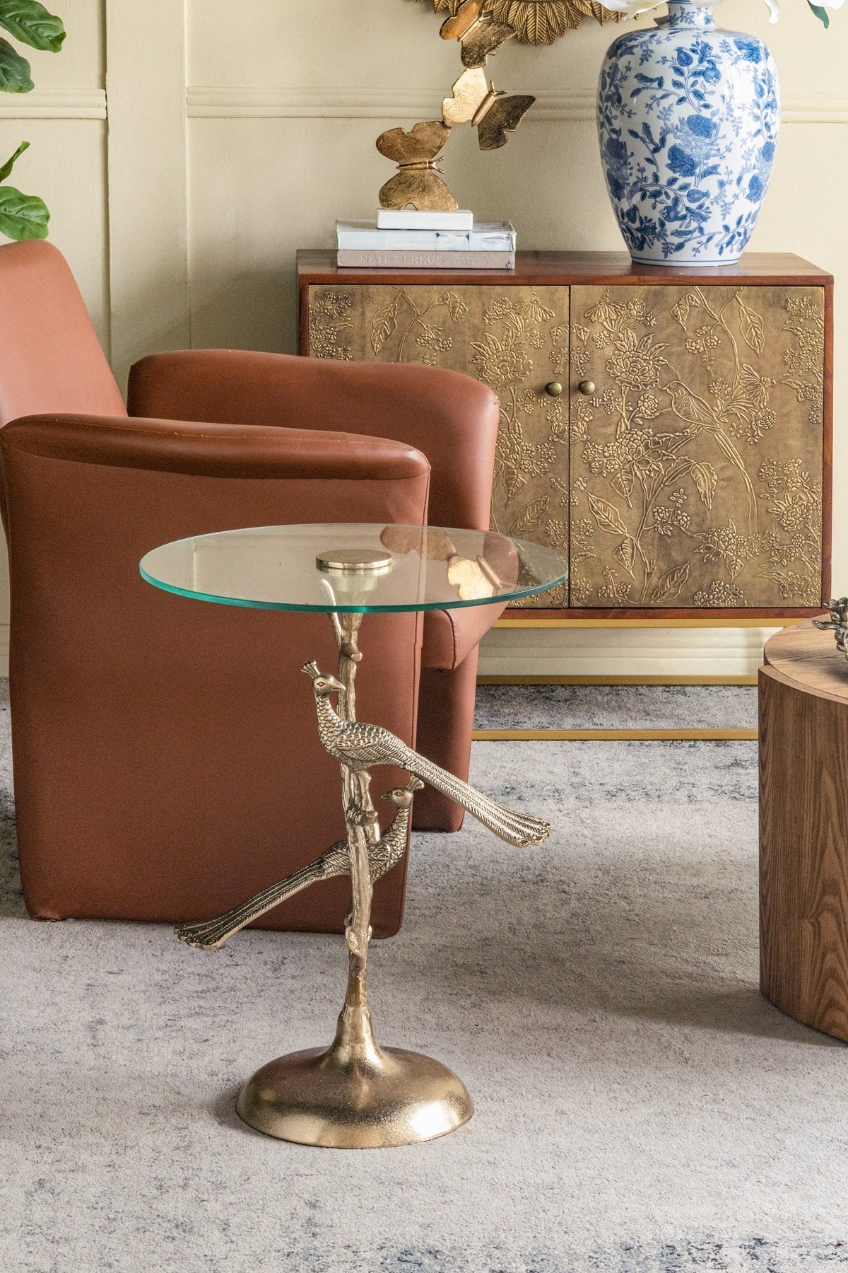 Gold Peacock Side Table with Round Glass Top