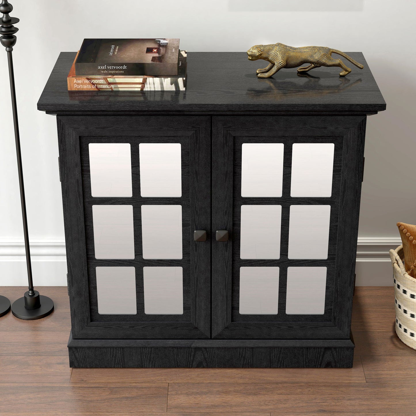 Sideboard Cabinet With Mirrored Doors, Adjustable Shelf, Metal Handles