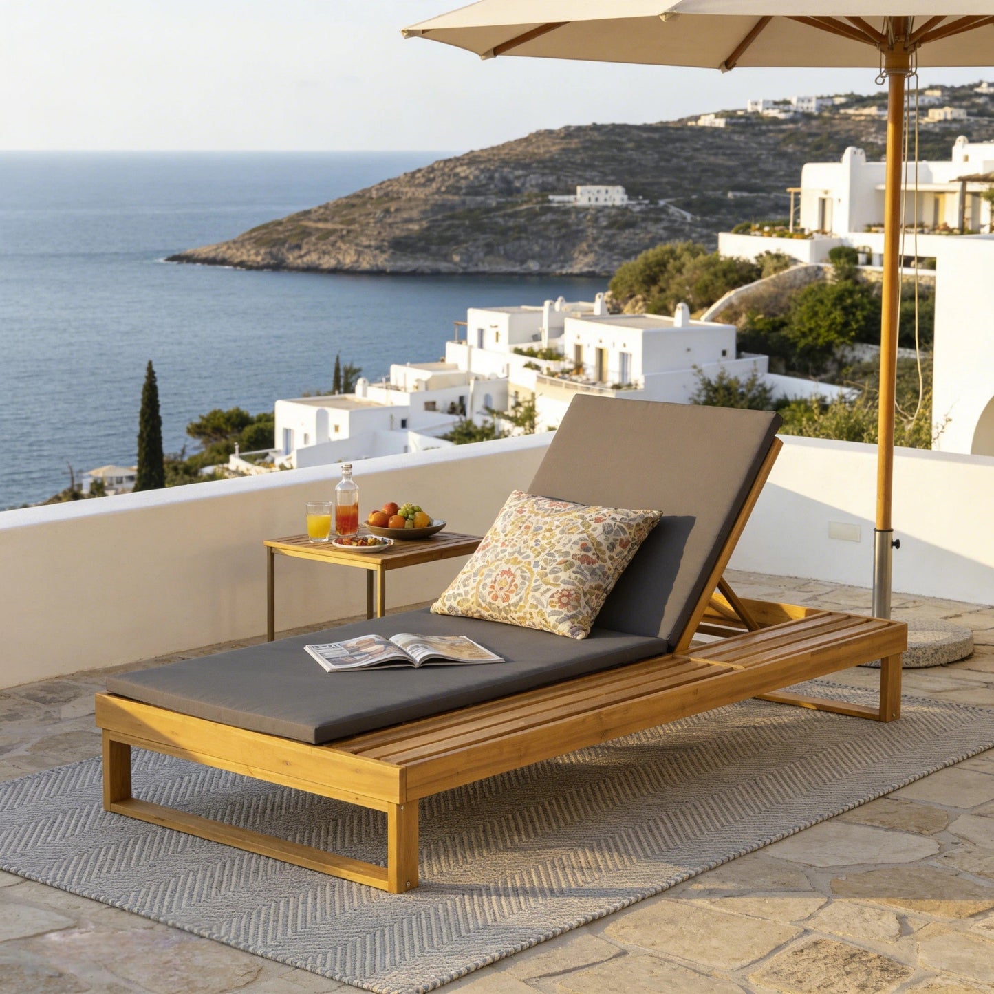 Teak Finish Acacia Wood Chaise Lounge with 1.57-Inch Cushion