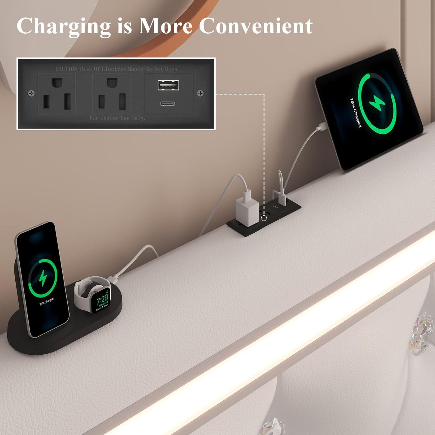 Wingback Upholstered Bed Frame With LED Lights, Charging Station