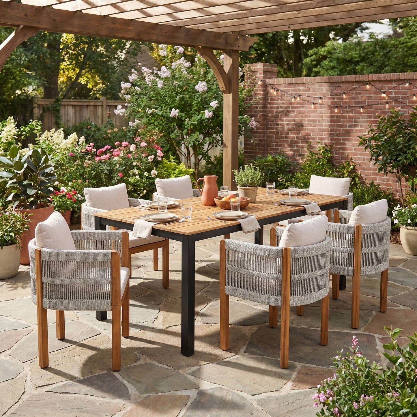 7 Piece Outdoor Dining Set With Table And 6 Chairs - Beige / Teak / White