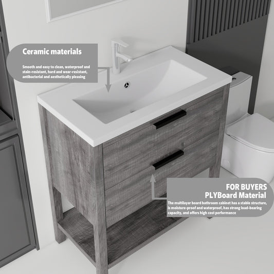 36 Inch Freestanding Bathroom Vanity with Sink, Soft-Close Drawer, Ceramic Sink, Plywood