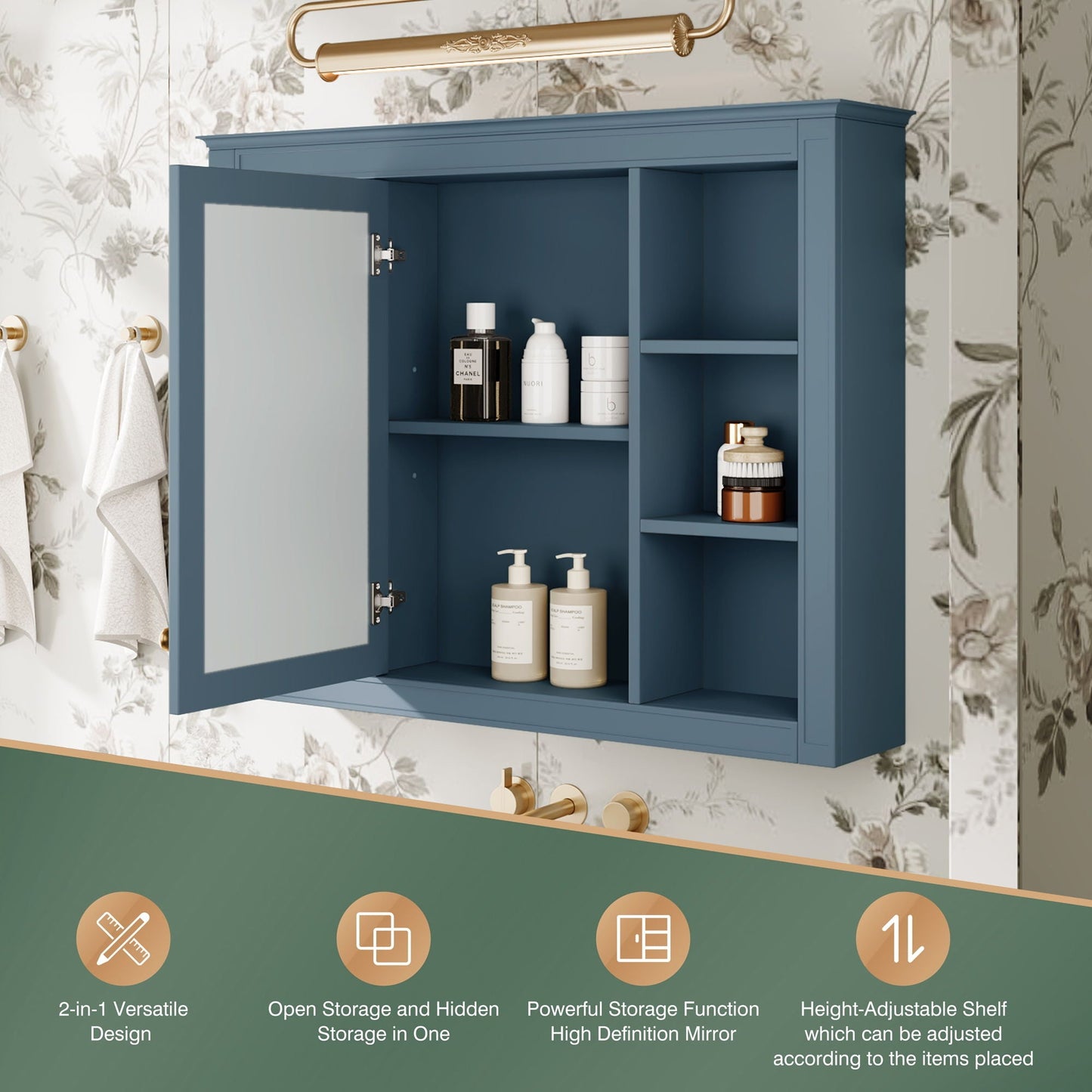 Wall Mounted Medicine Cabinet With Mirror, Storage Cabinet Featuring 6 Open Shelves And Adjustable Interior