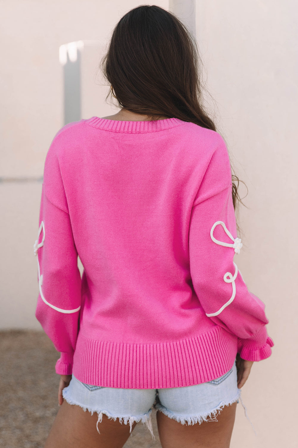 Corded Flower Bow Ribbed Trim Casual Sweater
