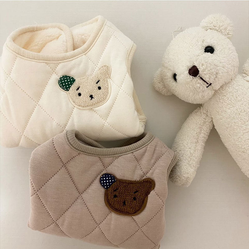Cute Bear Patch Quilted Pet Vest, Warm Padded Dog Gilet For Small Dogs With Retro Style
