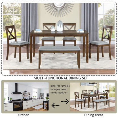 6 Pieces Kitchen Dining Set, Rectangular Wooden Dining Table With 4 Chairs And A Bench