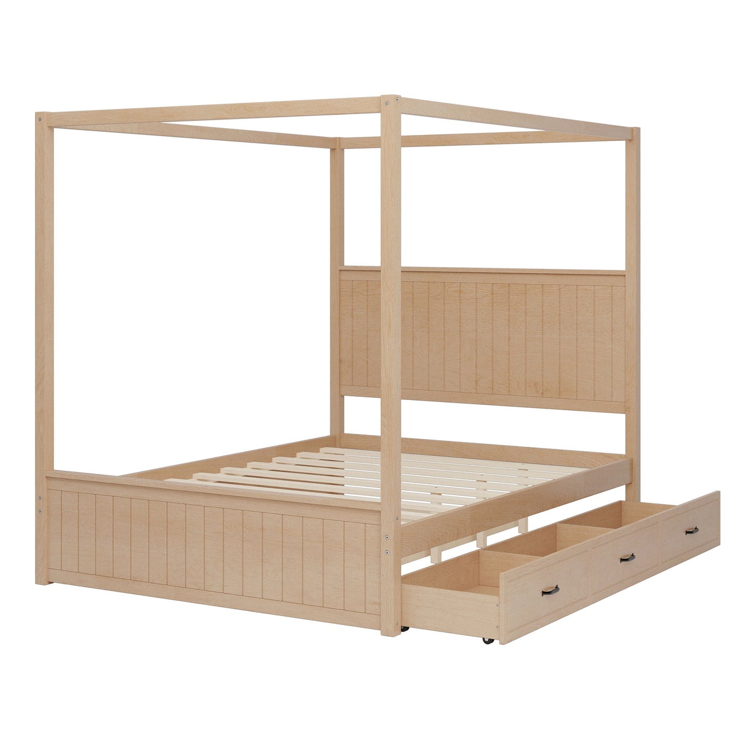 Queen Size Canopy Platform Bed With Trundle And 3 Storage Drawers, 4 Post, No Box Spring Needed - Natural