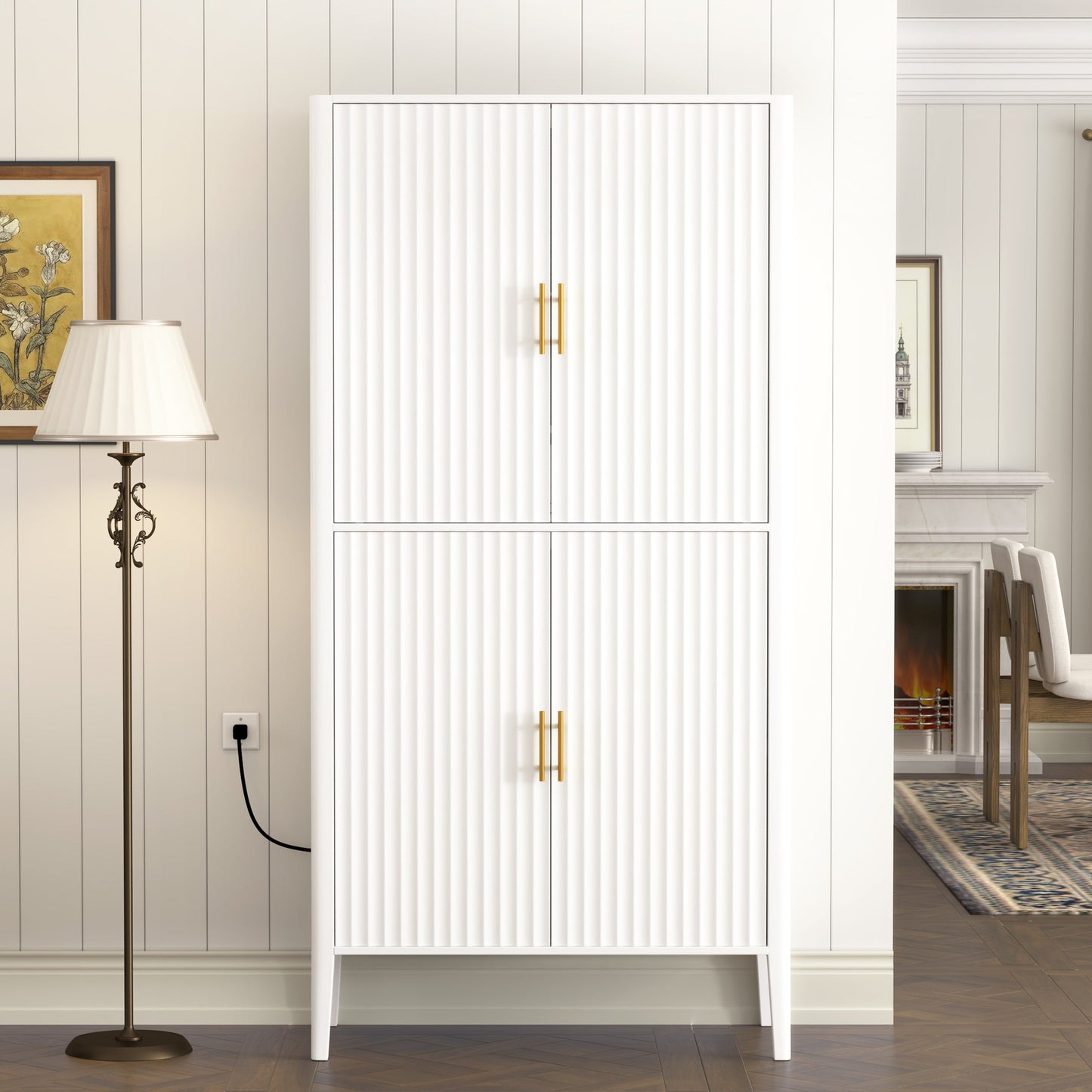 U_STYLE Modern Fluted Wine Cabinet with Glass Display & Stemware Rack