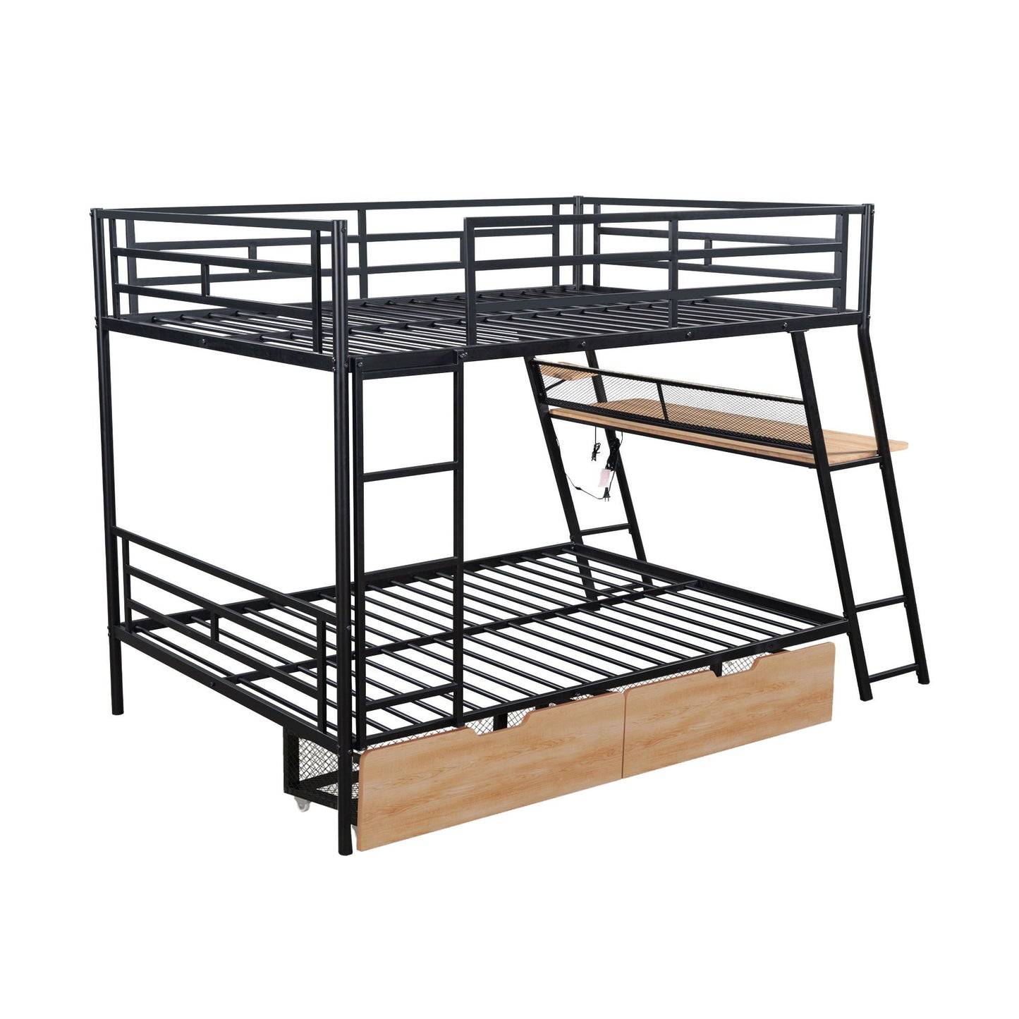 Full Size Bunk Bed With Built In Desk, Light, And 2 Drawers - Black