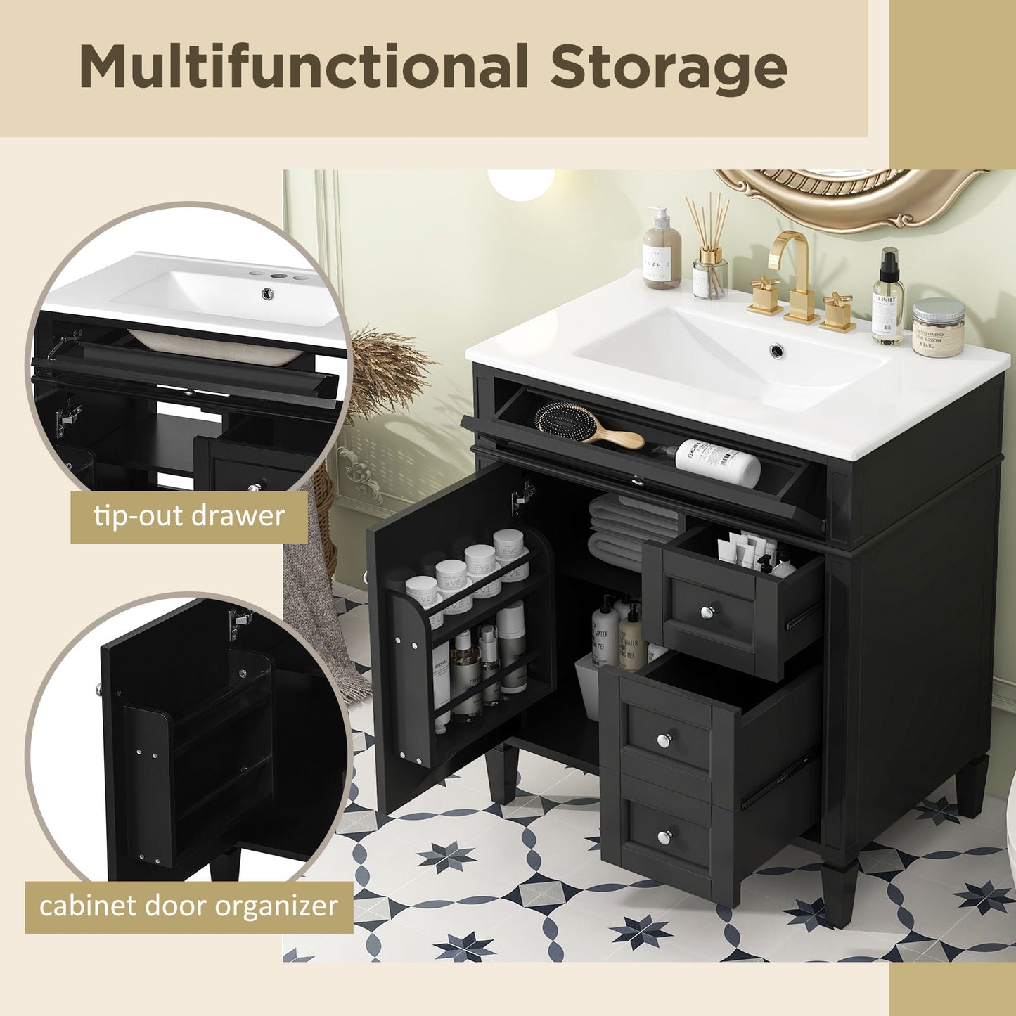 Bathroom Vanity With Top Sink, 2 Drawers & Tip Out Drawer