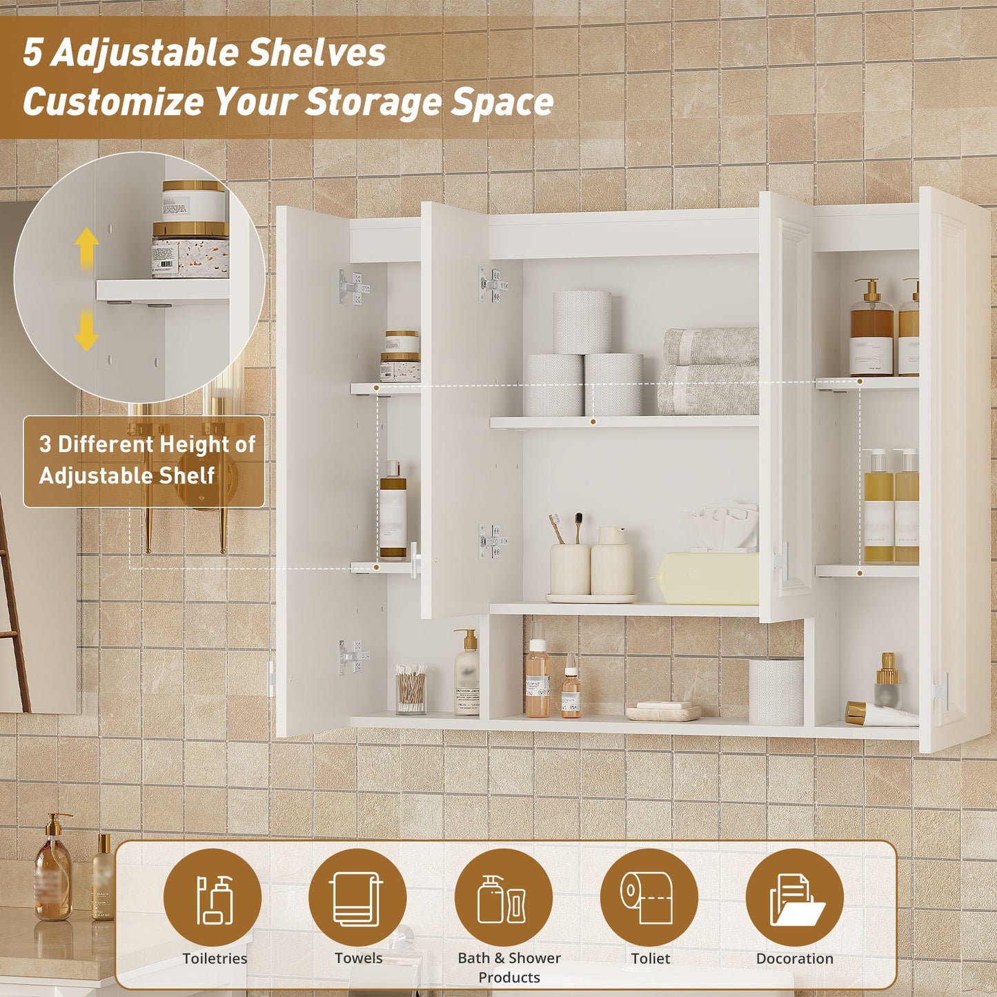 Wall Mounted Bathroom Cabinet With 5 Adjustable Shelves