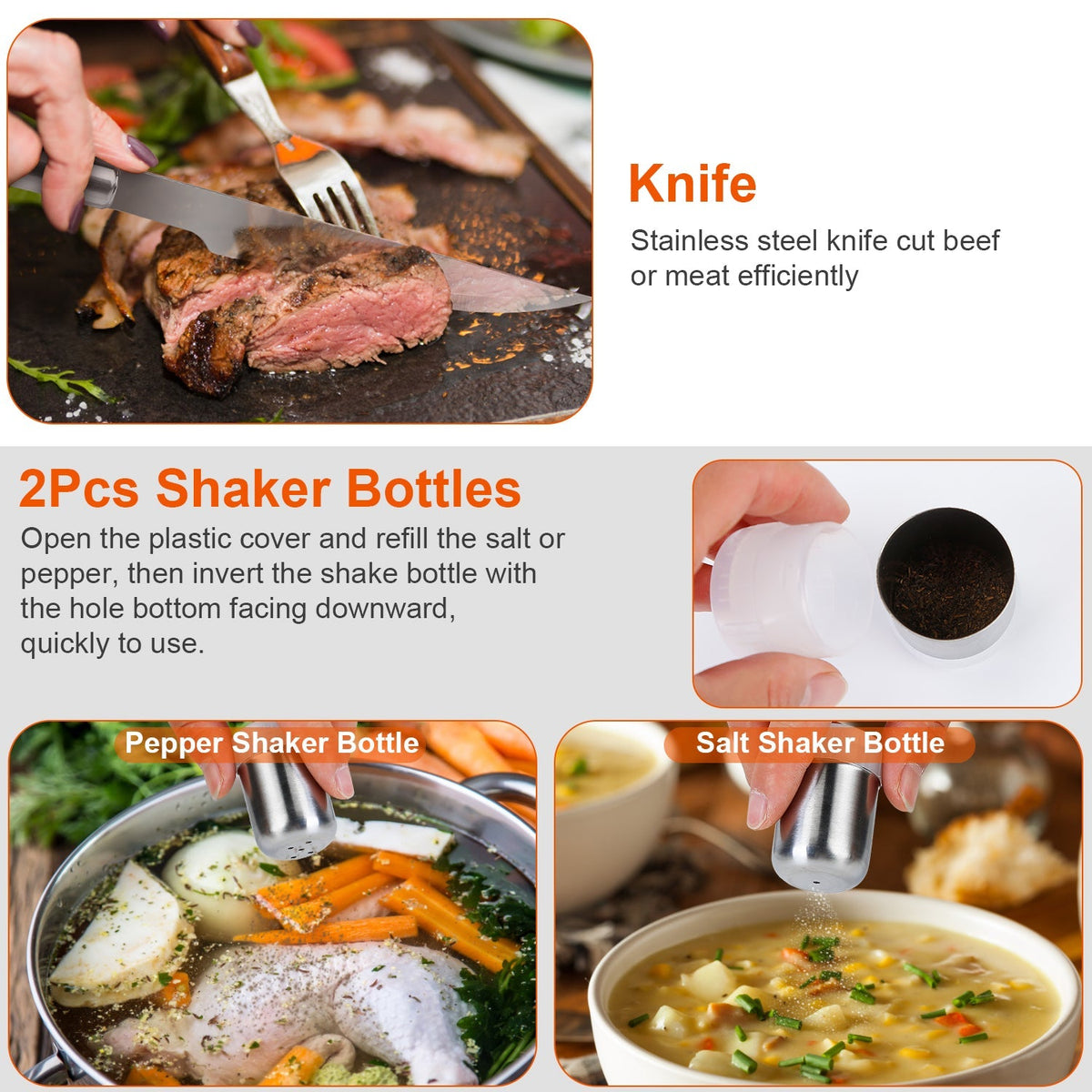 Stainless Steel BBQ Grill Tool Kit Grilling Utensil Accessories w/ Spatula Tongs Fork Knife_x000B__x000B_Brush Pepper Salt Shaker Bottle Grilled Skewers Corn Need