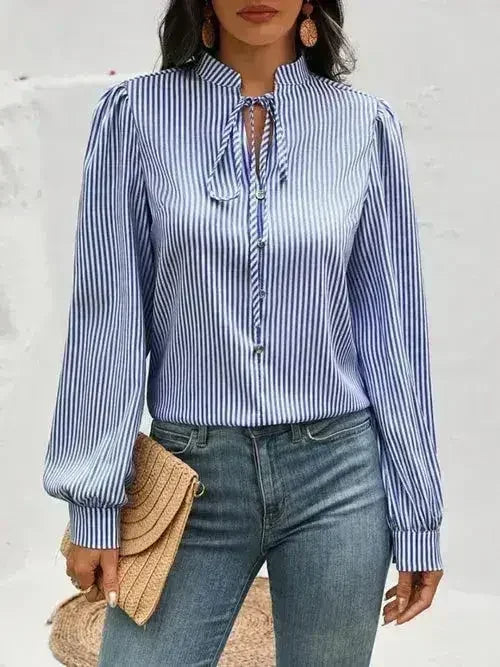 Striped Tie Neck Long Sleeve Blouse – Femstylo