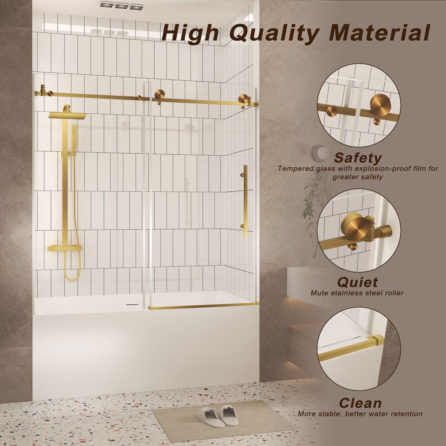 Frameless Shower Door, Smooth Sliding Tracks