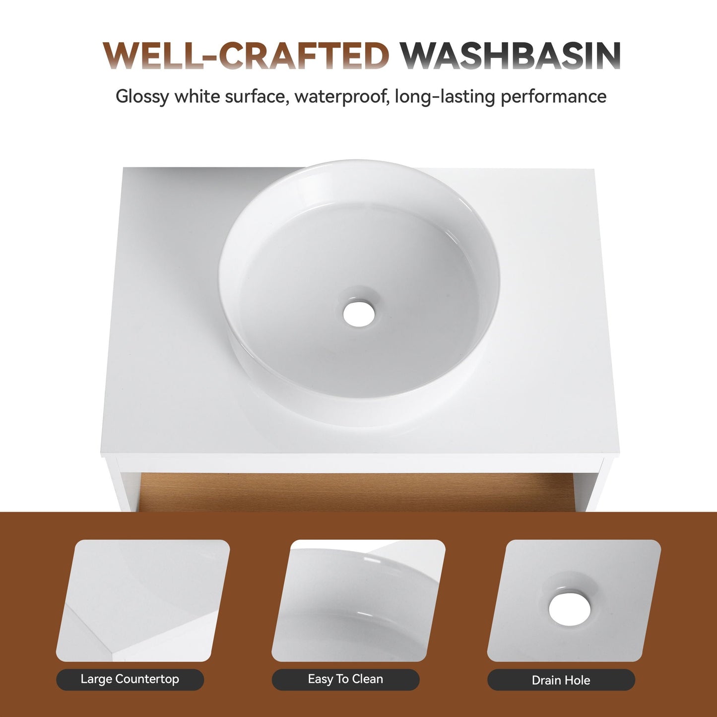 Floating Bathroom Vanity With Glossy Round Vessel Sink