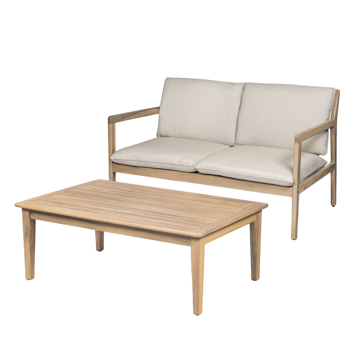Outdoor Acacia Wood Loveseat with Coffee Table, Light Teak Frame