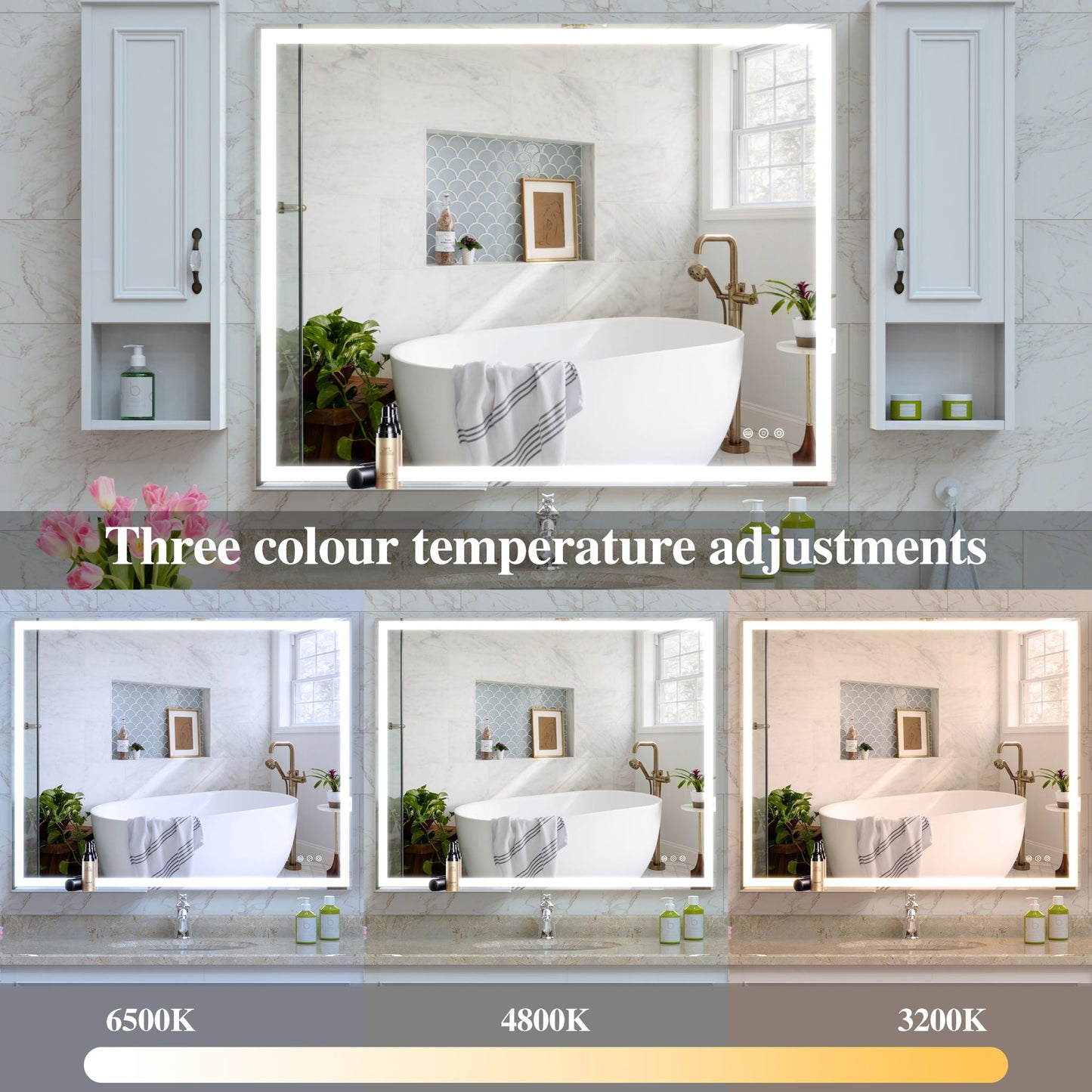 LED Bathroom Vanity Mirror Wall Mounted Adjustable / Warm / Natural Lights Anti-Fog Touch Switch With Memory Modern Smart Large Bathroom Mirrors
