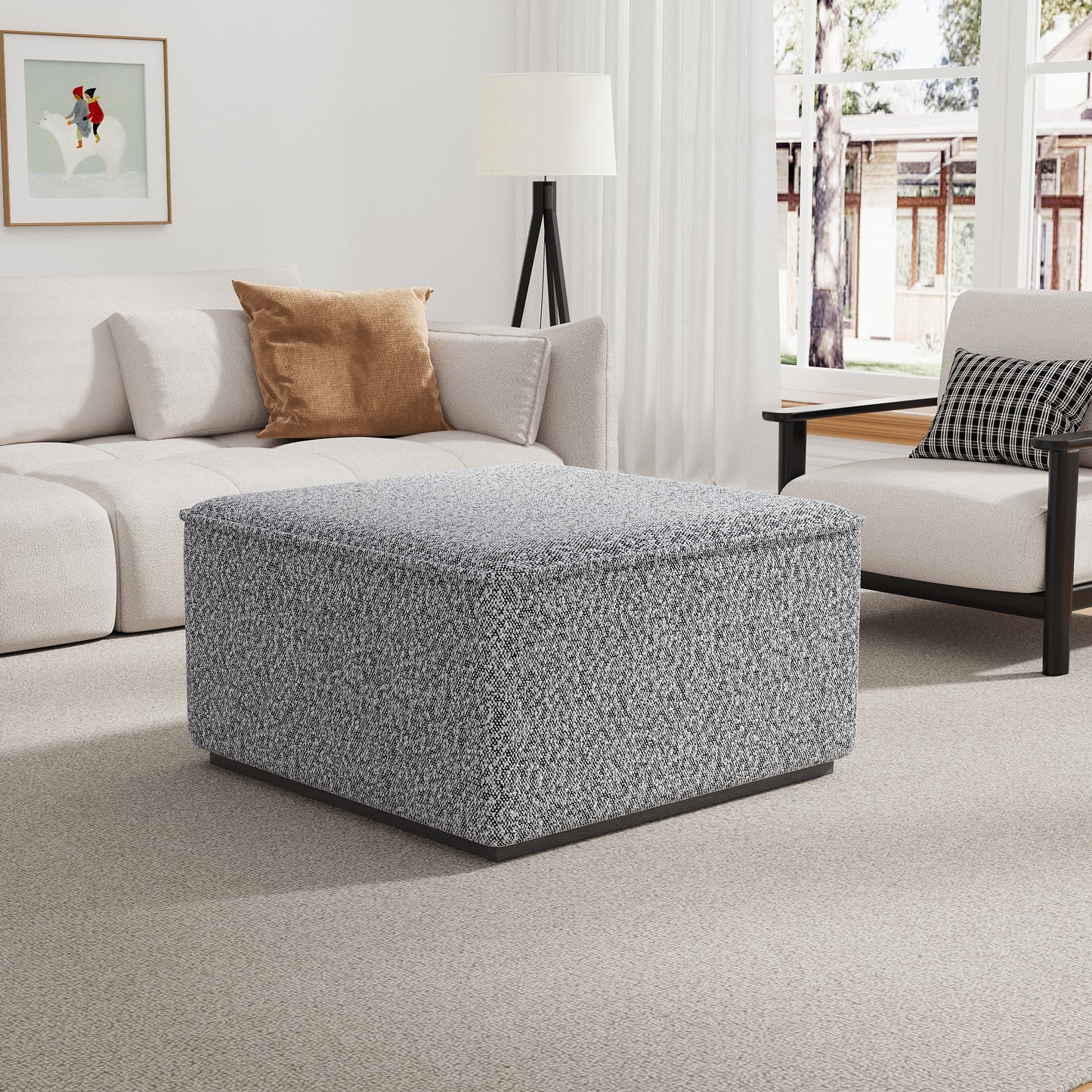 Square Upholstered Ottoman with Black-and-White Fabric