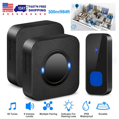 Wireless Doorbells Bells IP55 Waterproof 984ft Cordless Doorbell Chimes 55 Chimes W/ 2 Plug Receivers for Office Apartment House