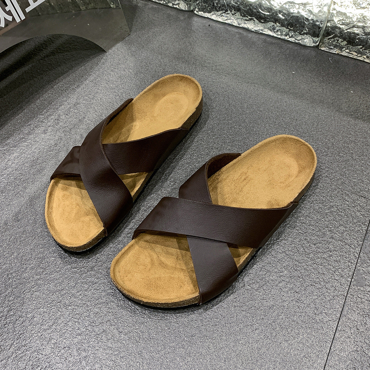 Mens Cork Slippers Cross-strap Sandals Fashionable