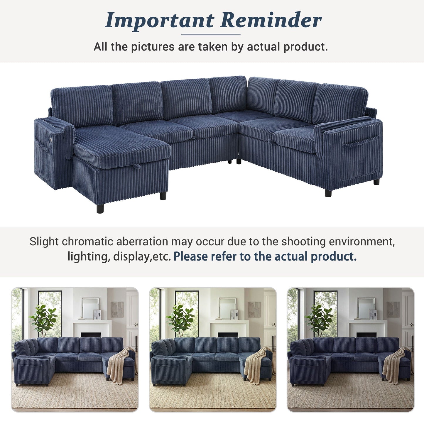Convertible U-Shaped Sectional Sofa Bed With USB Ports And Storage