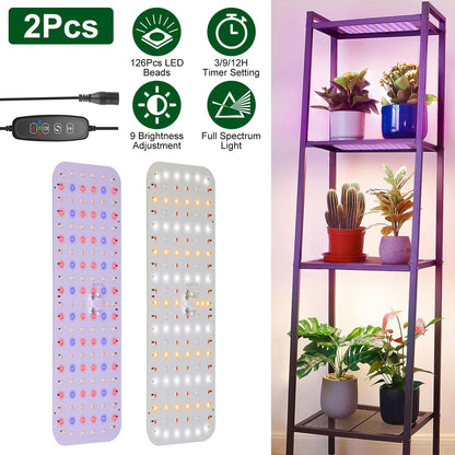 2Pcs Ultra-Thin LED Grow Lights for Indoor Plants with 126Pcs LEDs Full Spectrum Under Cabinet Plant Growing Light Panel 3/9/12H Timer 9 Dimmable Leve