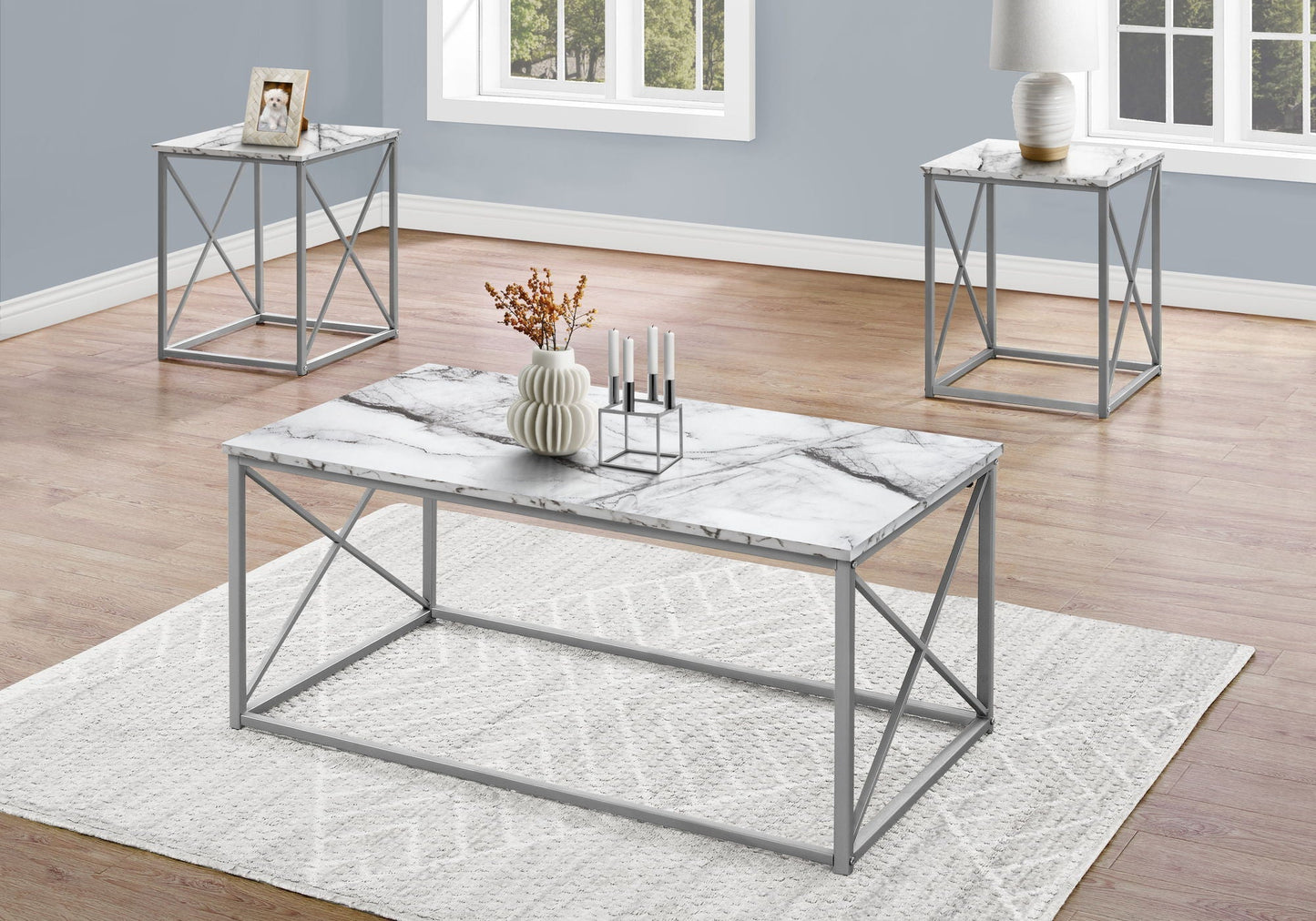 3-Piece Contemporary Living Room Table Set with Marble Look Finish