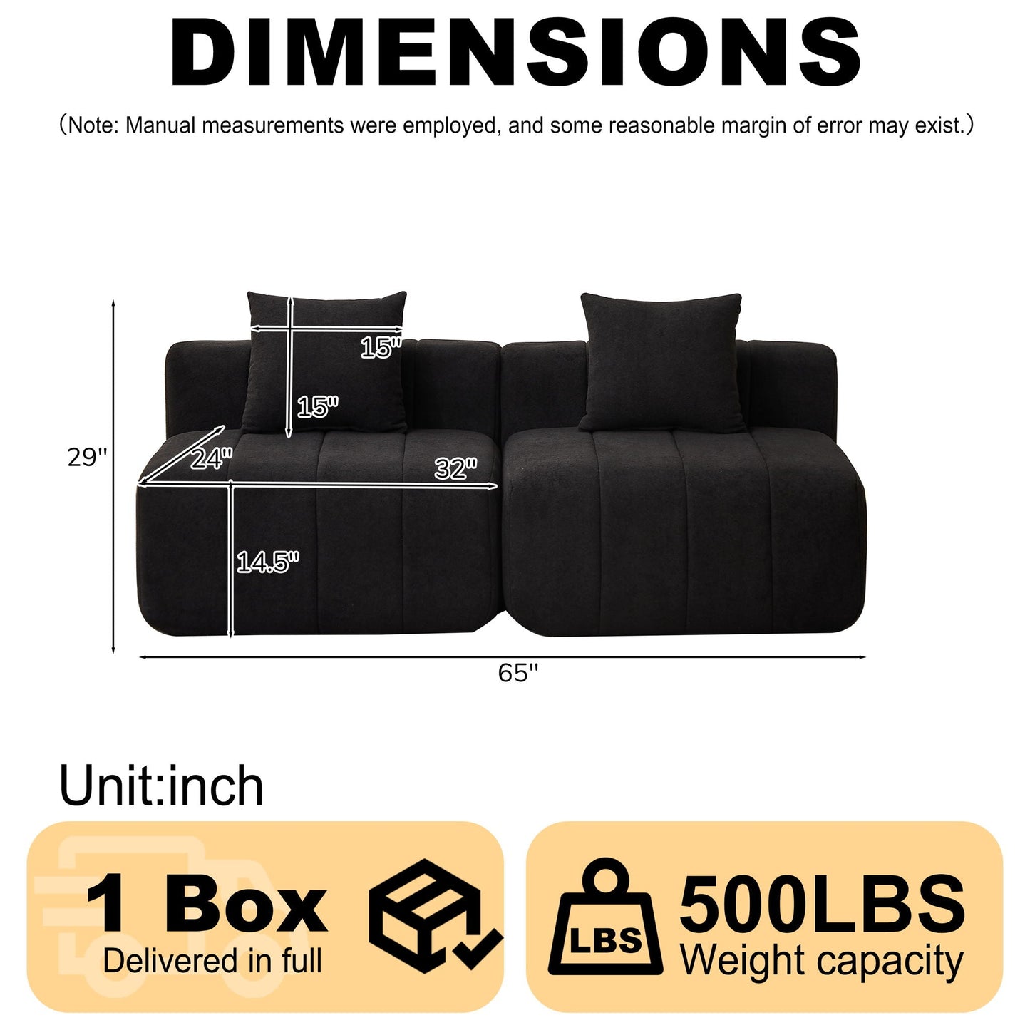 Modular Sectional Sofa With 2 Pillows, Symmetrical Design