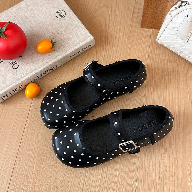 Black Round Toe Retro Polka Dot Shallow Mouth Flat Sole Single Shoe Women's Summer 2026 New Style Hundred Matching Skirt Mary Jane Shoes