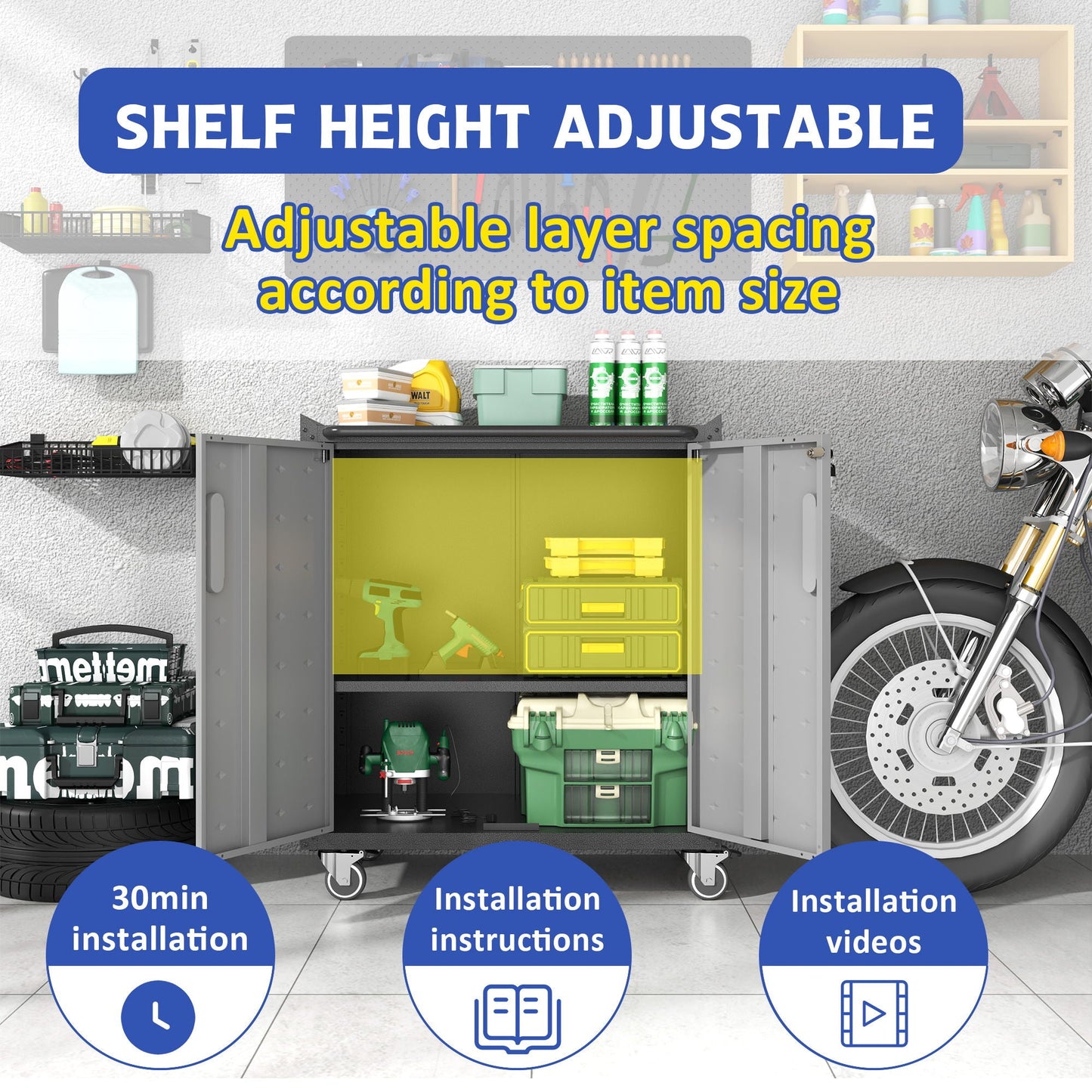Heavy Duty Metal Garage Storage Cabinet With Wheels Sturdy Tool Organizer