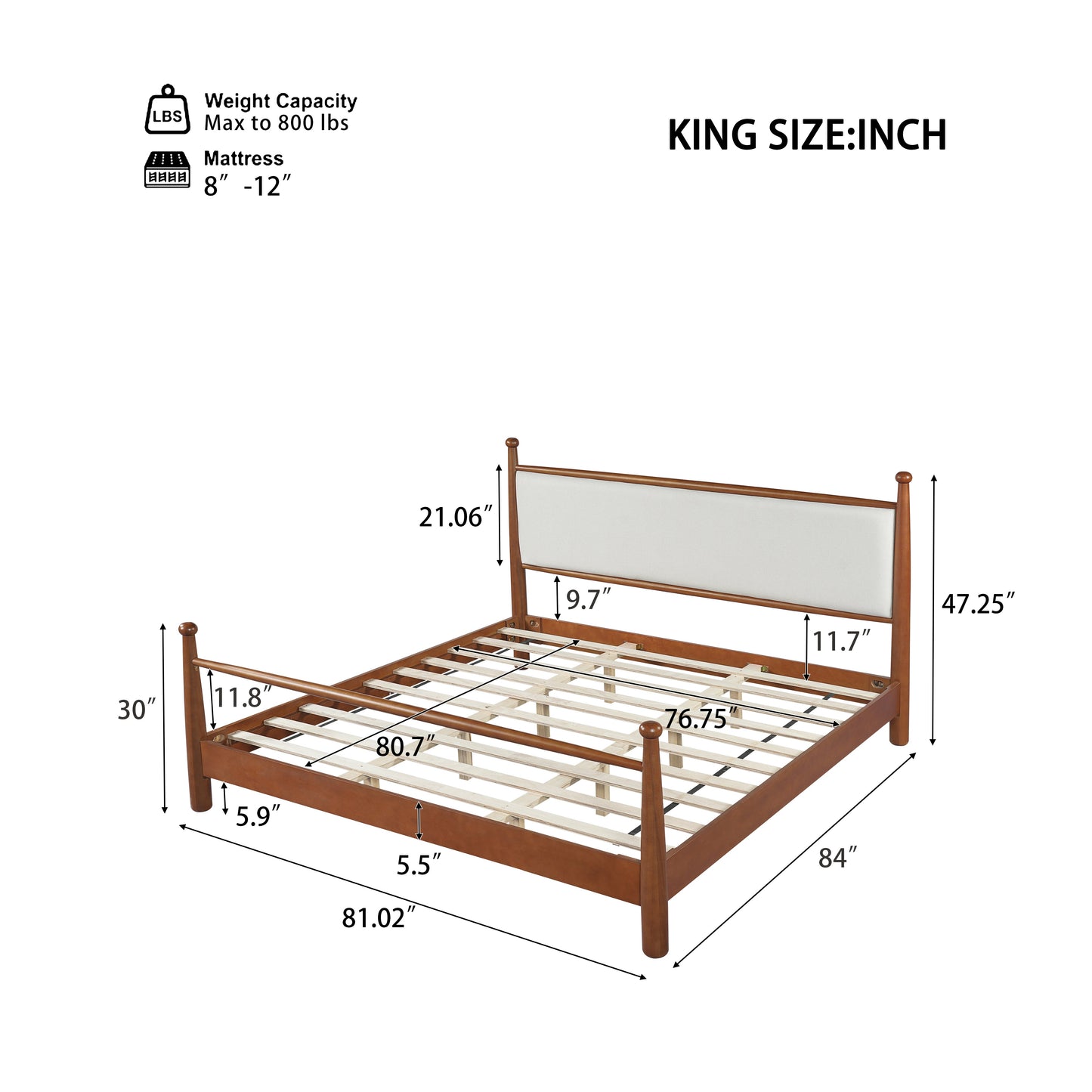 Solid Poplar & Plywood Bed Frame with Upholstered Headboard, King