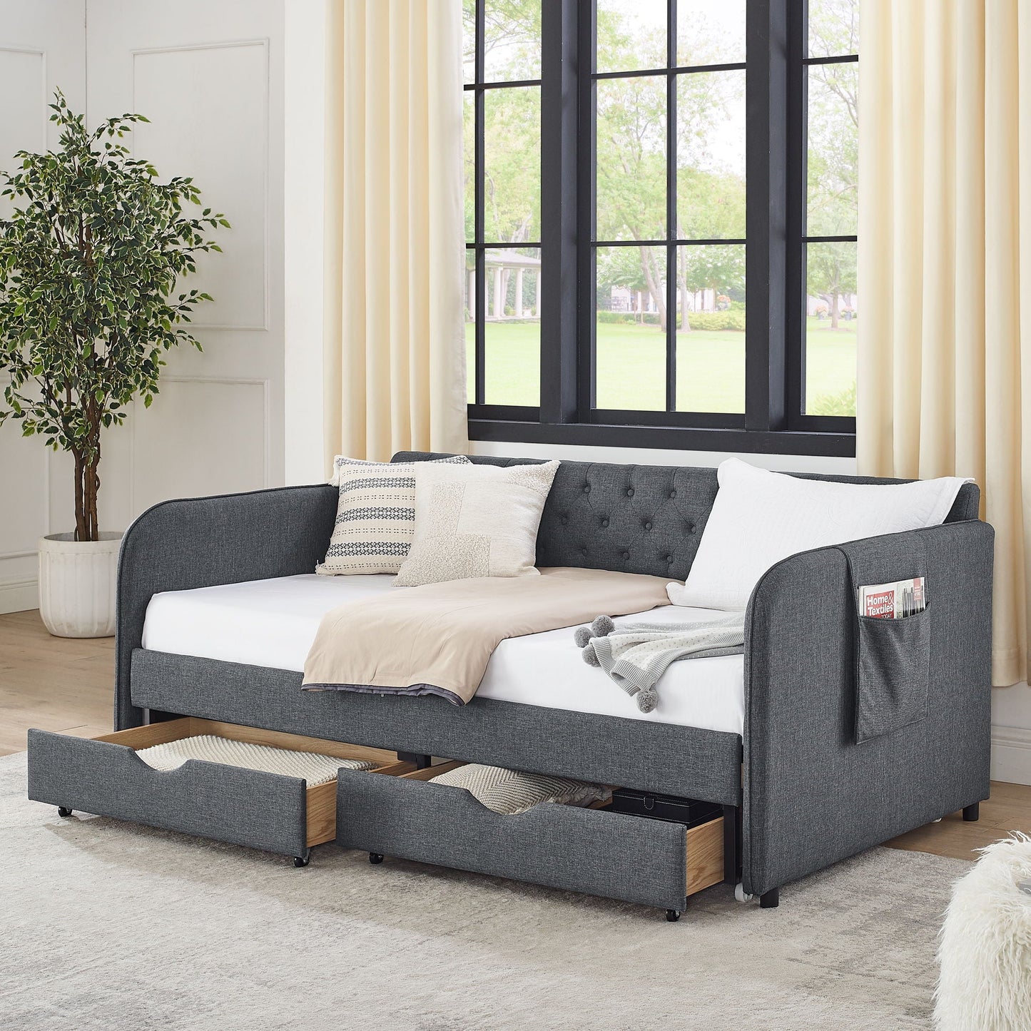 Daybed With Trundle And Storage Drawers, Flat Arms With Pocket