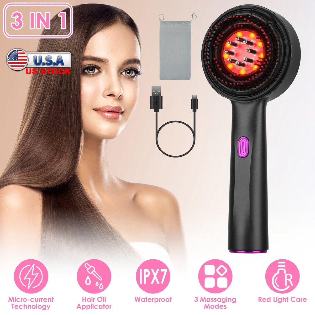 3 In 1 Red Light Scalp Massager Brush Cordless Hair Oil Applicator Massage Comb with 3 Modes Rechargeable IPX7 Waterproof