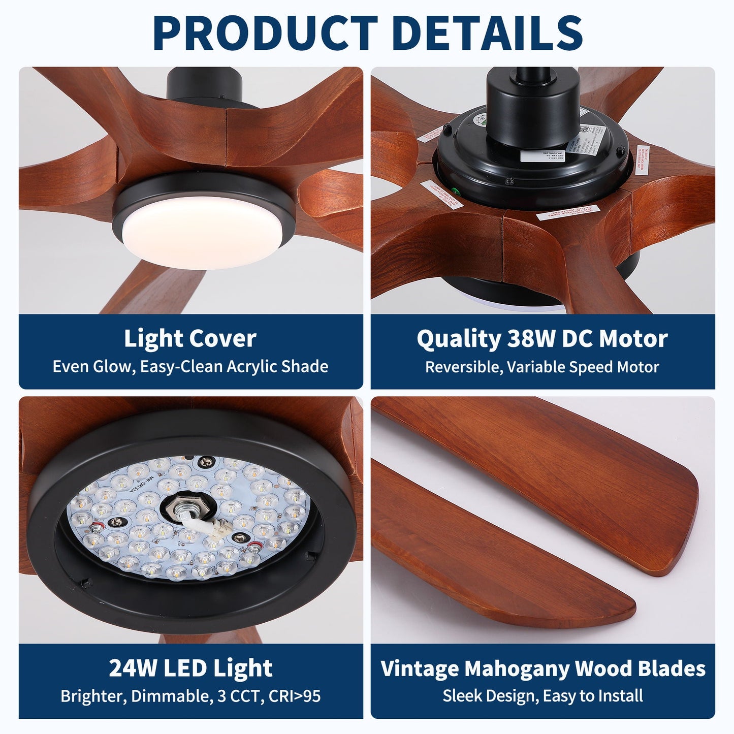 Ceiling Fan With Light And Remote Control, Noiseless, Dimmable, 6 Speeds Reversible For Indoor Or Covered Outdoor Use - Matte Black