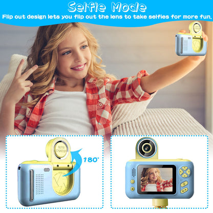 Kids Digital Camera with Flip Lens Children Video Camcorder Christmas Toy Birthday Gifts with Tripod 2.4in Screen 32G MMC Card for 3-10 Year Old Boys
