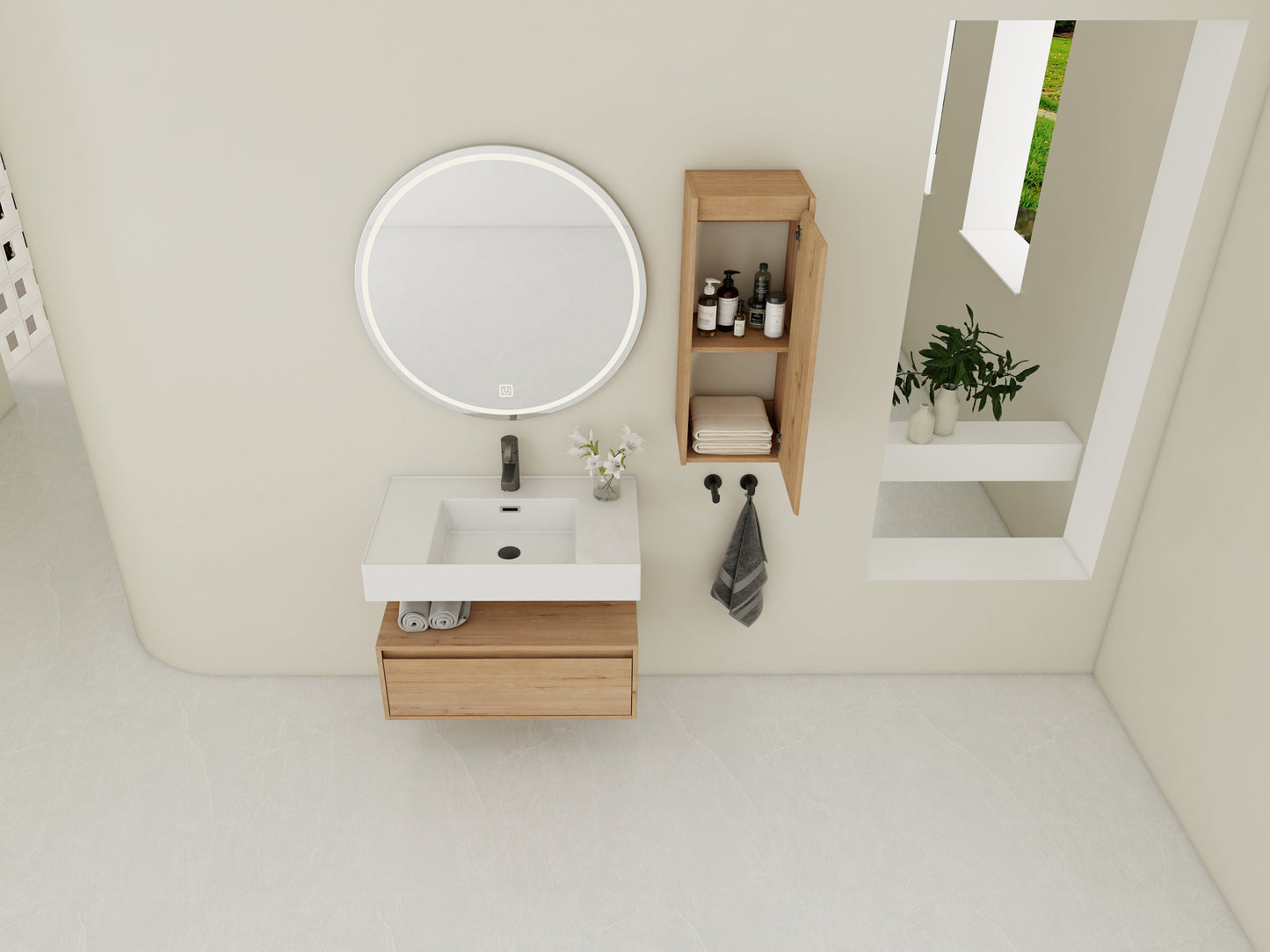 30-Inch Wall-Mounted Bathroom Vanity with Resin Sink and Side Cabinet