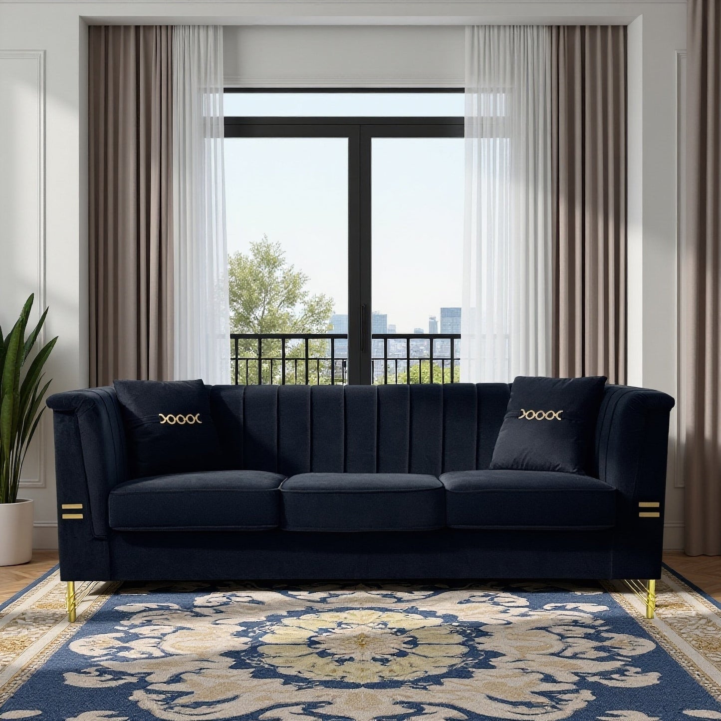 FX-P82-BK2 Modern Velvet 3-Seater Sofa with 2 Pillows